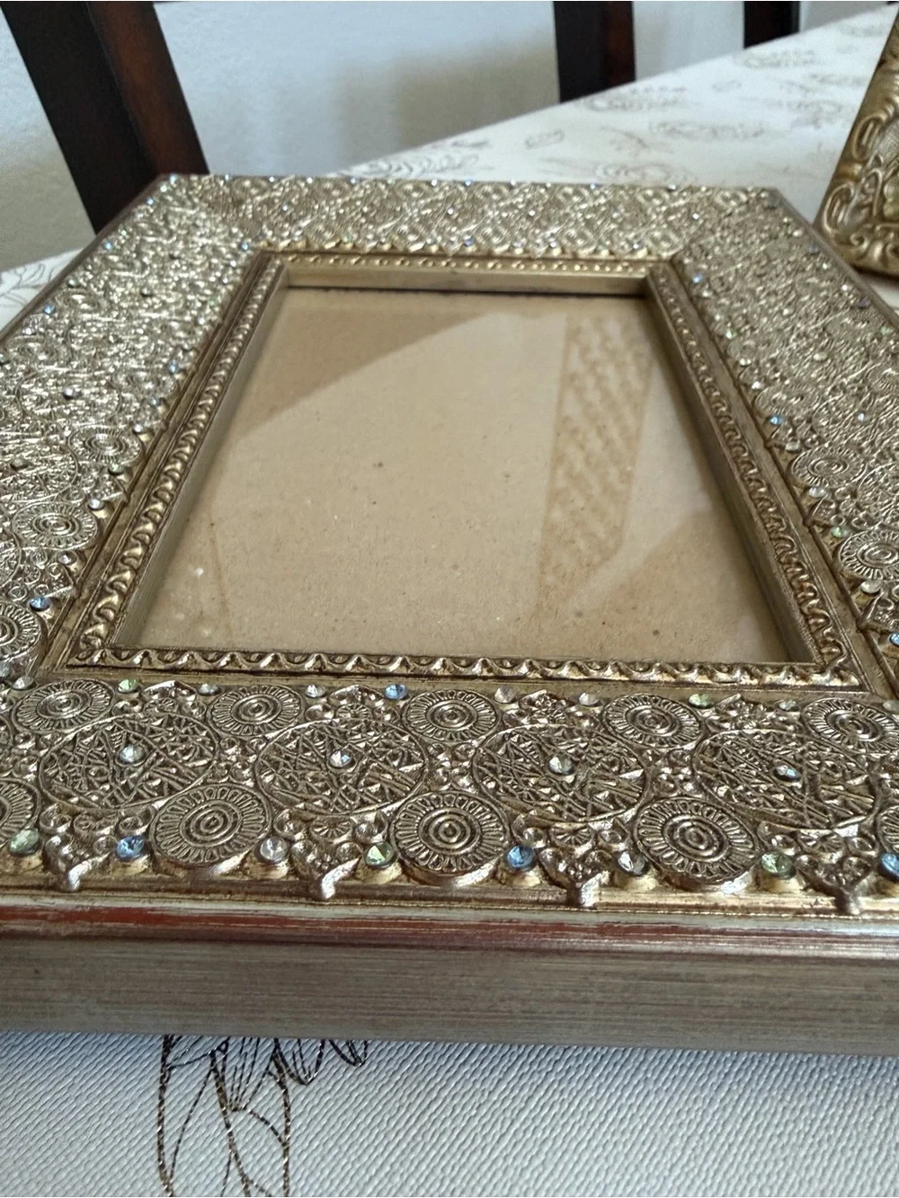 Set of 3 Vintage Style Gold Picture Frames – Embossed Filigree & Jeweled Rhinest